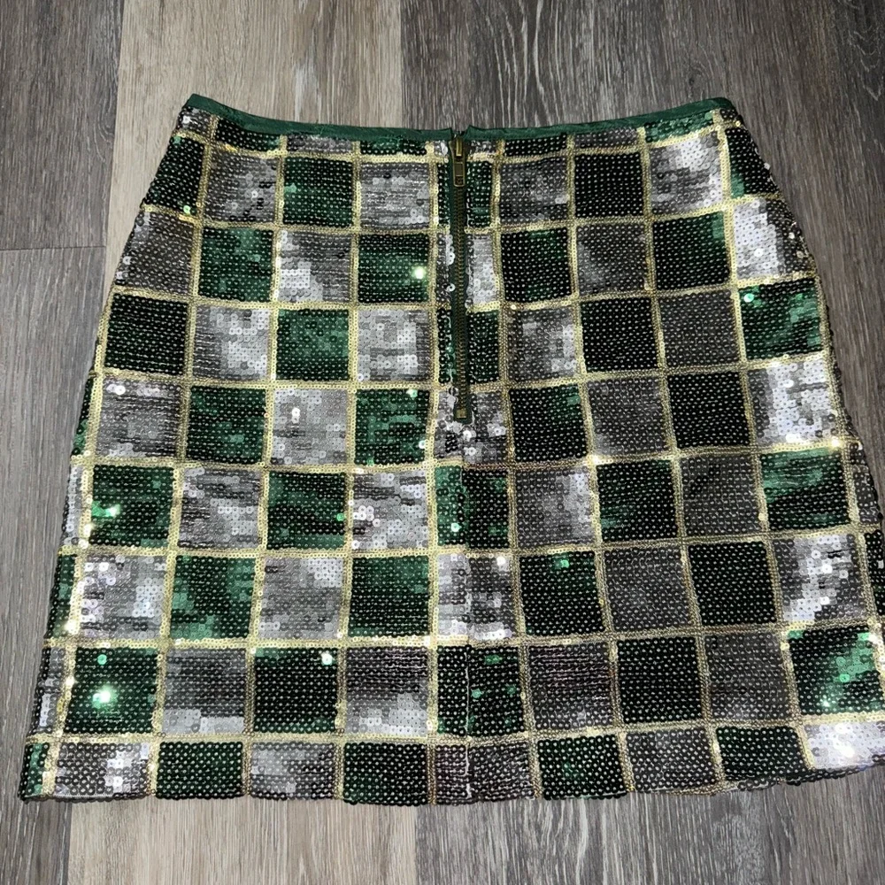 Judith March Green & Silver Checked Print Sequined Mini Skirt - Size Small